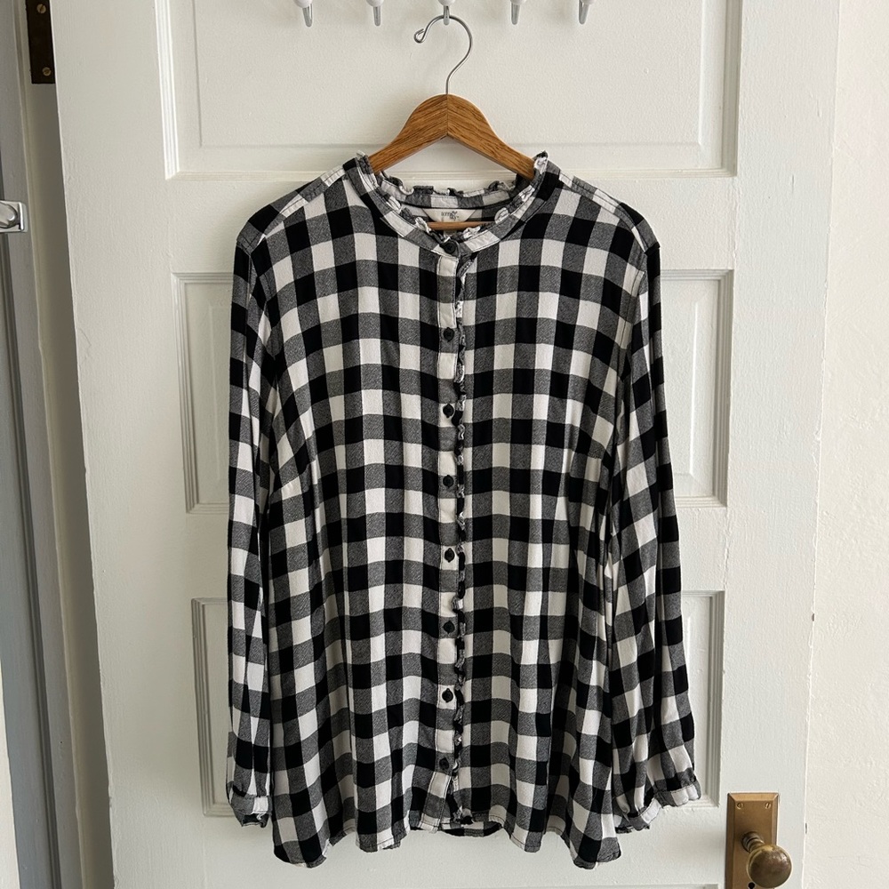👚[Terra & Sky] Western Buffalo Plaid Ruffled Flannel Shirt, Size 3X